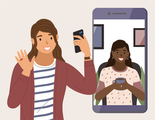 Virtual meeting on the Internet. Female characters on phone screen. Chatting via the Internet. Online communication, afro american girl talks on video and drinks a tea flat vector illustration