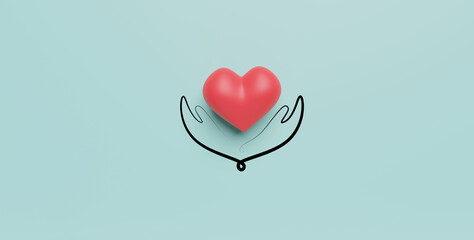 Doodle hands holding red heart on light blue background. Health care, Love and family insurance concept, World heart day. 3D rendering