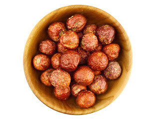 Jujube Dried Fruit in a Wooden Bowl (Ziziphus Spina-Christi, or Christ's Thorn Jujube). Isolated on White Background.