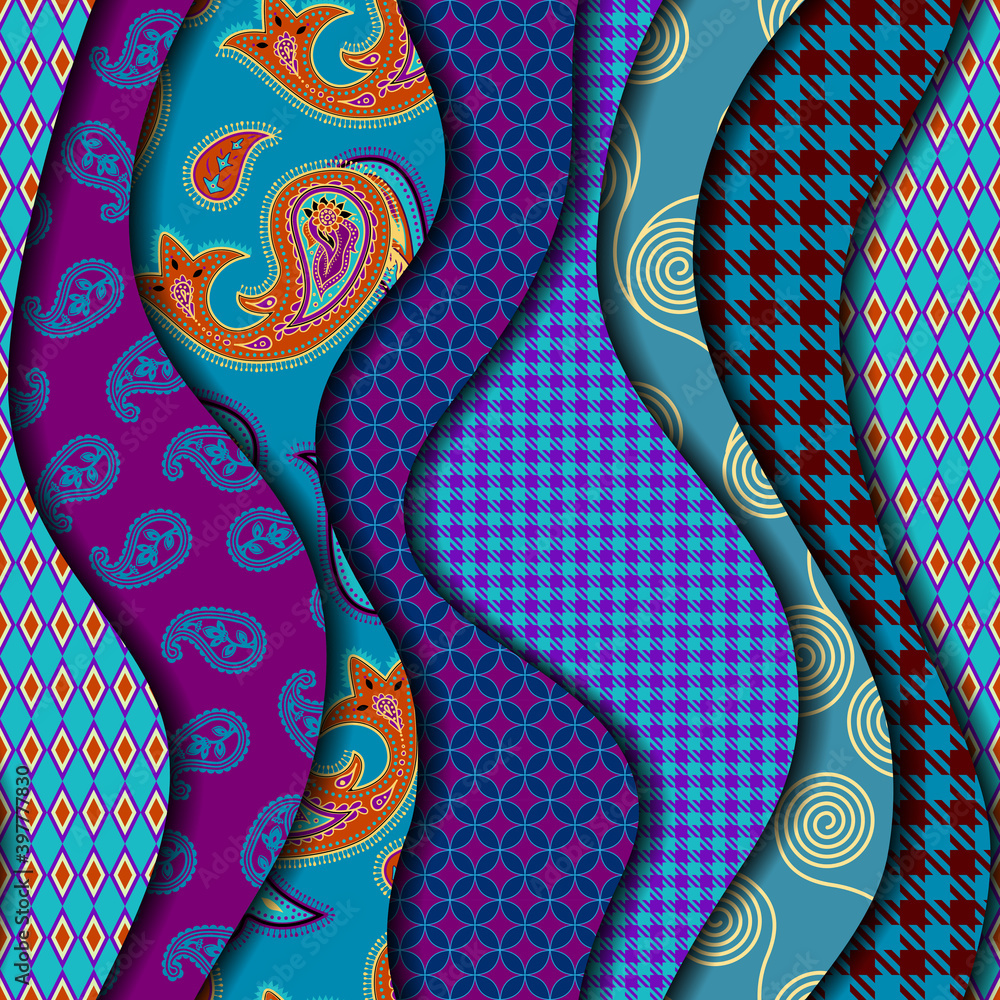 Aufkleber Paper cut shapes design pattern. Seamless vector pattern. Patchwork wavy sharpes layered style.