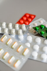 Medicine Drugs Various medicines. Pads, capsule blisters, glass vials with liquid medicine
