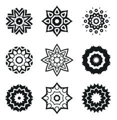 A Set of Black Stars. Vector Illustration. Mandala and geometric flower