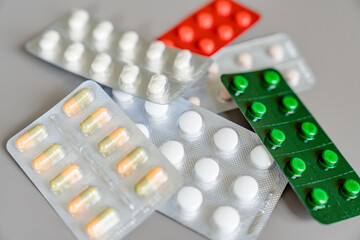 Medicine Drugs Various medicines. Pads, capsule blisters, glass vials with liquid medicine
