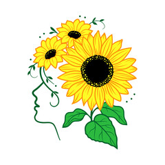 Sunflower vector, Woman face silhouette and sunflowers. Colorful print for t-shirt, card, poster. Vector illustration