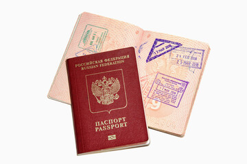 Russian passport with visa stamps. Isolated on a white background