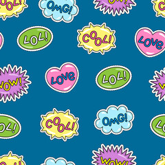 Vector set of speech bubbles in comic style with simple lettering. Colorful elements. Dialog phrases cool, lol, wow, omg, love on blue background. Words modern cute cartoon patch fashion set