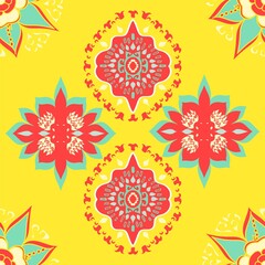 Vector repeating pattern of geometric shapes with intricate detail in red and aqua on a bright vibrant yellow background. Summery and bold.