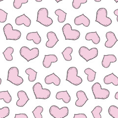 Seamless repeating pattern, heart pink for valentine's day. Freehand drawing.