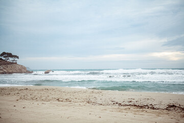 Beach with a groyn and foamy water at the balticsea in germany on a cloudy day photographed with lensebaby