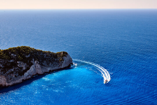 Motorboat on the rocky peninsula of Zakynthos
