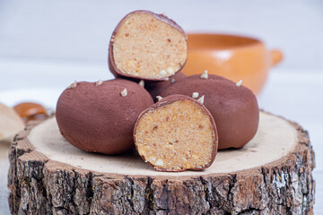 Dessert potatoes on wooden hemp