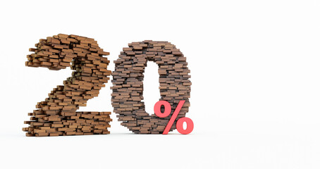 concept of wooden bricks that build up to form the 20% off,.promotion symbol, wooden 20 percent on white background. 3d render