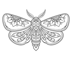 Moth decorated with Indian ethnic floral vintage pattern. Hand drawn decorative insect in doodle style. Stylized mehndi ornament for tattoo, print, design for room, cover, book and coloring page.