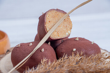 Potato dessert cutaway on wood