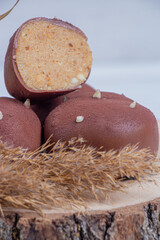 Potato dessert cutaway on wood