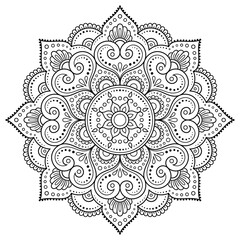 Circular pattern in form of mandala with flower for Henna, Mehndi, tattoo, decoration. Decorative ornament in ethnic oriental style. Outline doodle hand draw vector illustration.