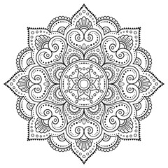 Circular pattern in form of mandala with flower for Henna, Mehndi, tattoo, decoration. Decorative ornament in ethnic oriental style. Outline doodle hand draw vector illustration.