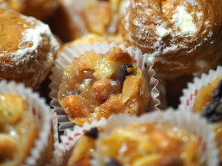 Different cakes close-up. Sweets and desserts. Homemade cakes. Festive meals.