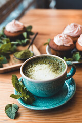 matcha tea with cakes