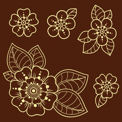 Set of Mehndi flower pattern and mandala for Henna drawing and tattoo. Decoration in ethnic oriental, Indian style. Doodle ornament. Outline hand draw vector illustration.