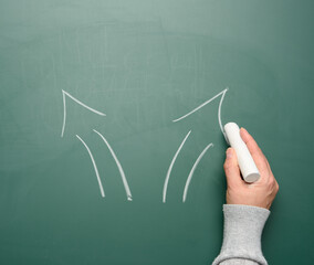 woman's hand drawn two arrows that diverge in different directions on a green chalk board