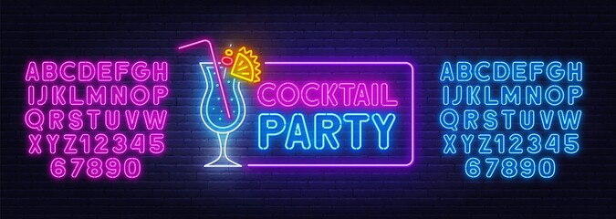 Cocktail Party neon sign on brick wall background. Blue and pink neon alphabets. Template for the design.