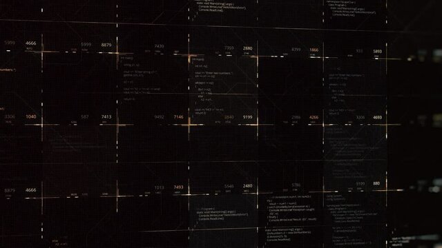 Abstract source codes on black background, concept of cyber crimes. Animation. Blocks of digital information transforming and running, seamless loop.