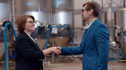Businessman and businesswoman handshaking in modern chemical factory