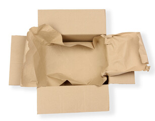 open empty rectangular brown cardboard box for transportation and packaging of goods