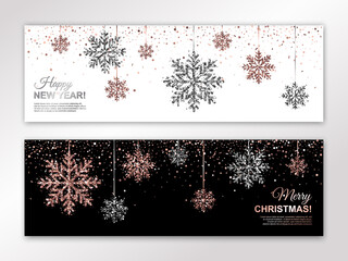 Happy New Year and Merry Christmas horizontal banners set with rose gold and silver hanging snowflakes. Vector illustration template. All isolated and layered