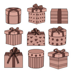 cute gift boxes with brown bows. vector. eps