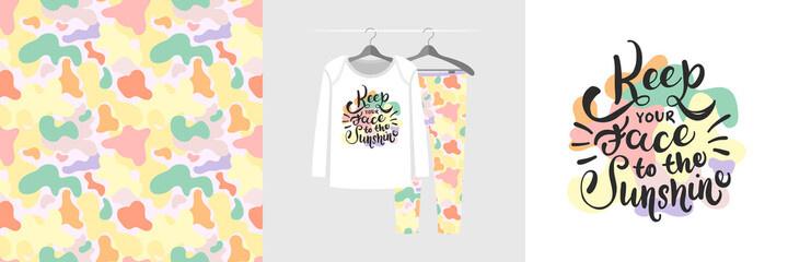 Seamless camouflage pattern and illustration set with lettering Keep your face to the sunshine