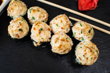 Delicious and juicy rolls with baked chicken