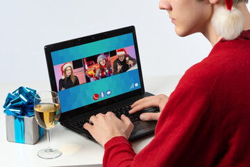 Remote Christmas party. New year's celebration in the online app. New year's conference video communication. Time spent with family during the pandemic. Virtual communication at Christmas.