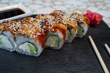 Delicious, juicy and appetizing tender rolls with eel