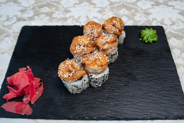 Delicious, juicy and appetizing rolls with tender shrimp
