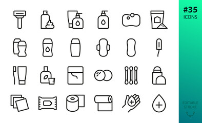 Personal hygiene and care icons set. Set of razor, shaving foam, cosmetics, liquid soap, shampoo, shower gel, bath salt, mouthwash, panty liner, toothpaste, toothbrush, female pad isolated vector icon