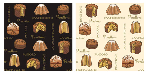 Panettone and Pandoro premium vintage seamless pattern for print textile wallpaper background - obrazy, fototapety, plakaty