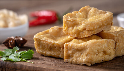 Deep fried stinky tofu with pickled cabbage street food in Taiwan.