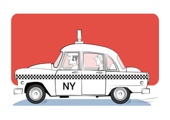 Cartoon retro taxi on red background. Vector illustration