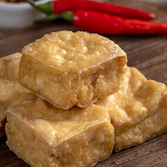 Deep fried stinky tofu with pickled cabbage street food in Taiwan.