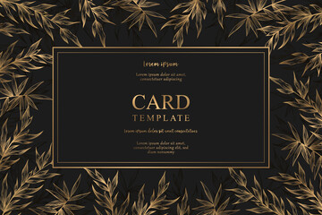 Vector card template with hand drawn gold leaves and branches frame isolated on black background. Floral elegant design for print, invitation, brochure, card, cover