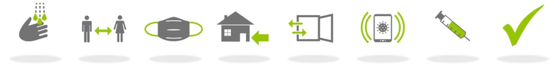 Hände waschen und desinfizieren, Abstand halten, Mundschutz bzw. Maske tragen, Quarantäne beachten, Räume regelmäßig lüften und Fenster öffnen, App benutzen und Impfen lassen