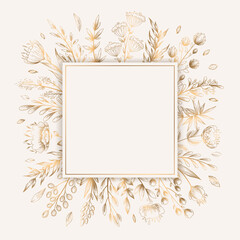 Vector luxury card template with gold frame from hand drawn plants and flowers isolated on white background. Floral elegant design for print, wedding invitation, brochure, card, cover