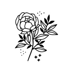 Hand drawn rose, peony flower and botanical leaf branch illustration. Black line art vector feminine logo. Symbol and icon for wedding, business card, cosmetics, jewel, brand, and beauty products