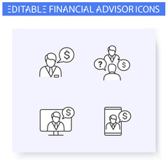 Financial advisory line icon set.Including remote consulting,finance advisor,consultation and more.Finance consulting.Capital management and improvement. Isolated vector illustrations.Editable stroke 