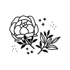 Hand drawn rose, peony flower and botanical leaf branch illustration. Black line art vector feminine logo. Symbol and icon for wedding, business card, cosmetics, jewel, brand, and beauty products
