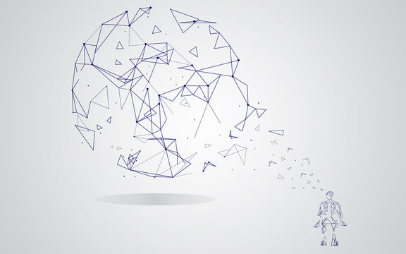 Man integrates into the global network using artificial intelligence. Vector isolated on gray background. For ai vector design and low poly. Abstract concept vector
