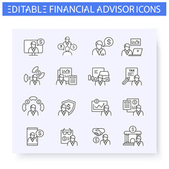 Financial advisory line icon set. Including stockbroker, insurance agent, tax preparer and more. Finance consulting. Capital management and improvement. Isolated vector illustrations. Editable stroke 