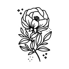 Hand drawn rose, peony flower and botanical leaf branch illustration. Black line art vector feminine logo. Symbol and icon for wedding, business card, cosmetics, jewel, brand, and beauty products